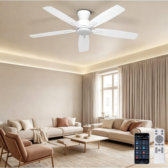 Ohniyou 52 Inch Ceiling Fan No Light, Low Profile Ceiling Fan with Remote and App Control, Flush Mount Ceiling Fan without Light for Bedroom Living Room Covered Patios, Quiet DC Motor, White