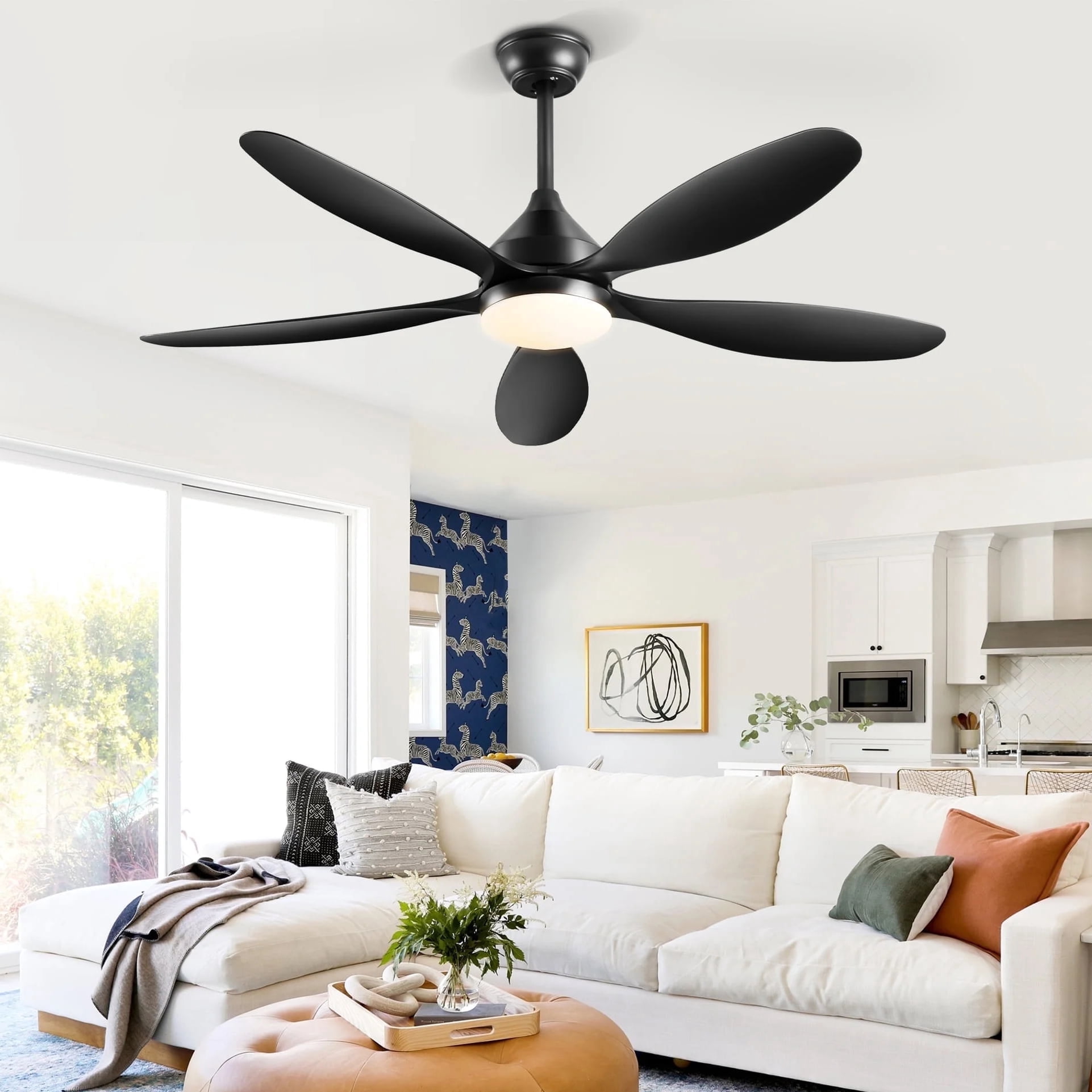 Ohniyou 52" Farmhouse Ceiling Fan with Lights and Remote Control, 6 Speeds Reversible DC Motor Ceiling Fan for Indoor Outdoor Bedroom Living Room Patio, Black