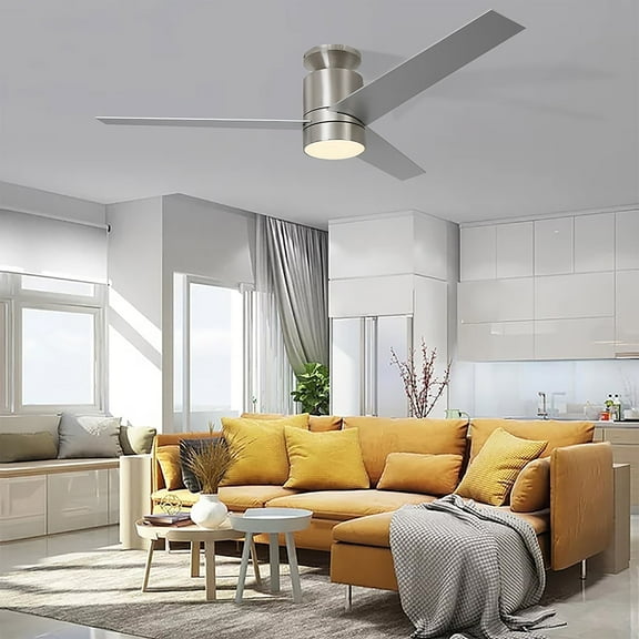 Ohniyou 52 " Modern Flush Mount Ceiling Fan with Light and Remote 3 Blades 6 Speed Low Profile Ceiling Fan for Bedroom Porch , Silver