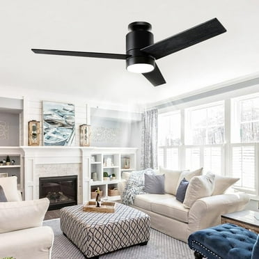 Ohniyou 52 " Flush Mount Ceiling Fans with Light and Remote Low Profile 3 Blades Outdoor Ceiling Fan for Patio Kitchen Bedroom, Black