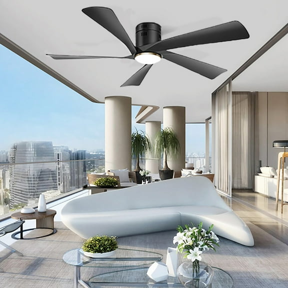 Ohniyou 52" Low Profile Ceiling Fan with Lights, Remote & APP Control Modern Flush Mount Indoor Outdoor Ceiling Fans, Dimmable, Silent DC Motor, Reversible, Black