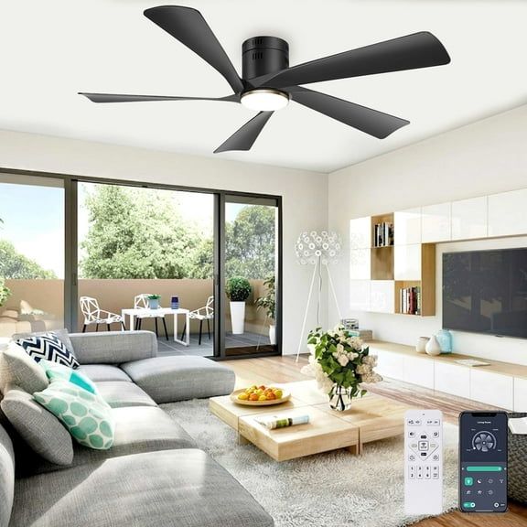 Ohniyou 52" Low Profile Ceiling Fan with Lights and Remote & APP Control Modern Flush Mount Indoor Outdoor Ceiling Fans, Dimmable, Silent DC Motor, Reversible, Black