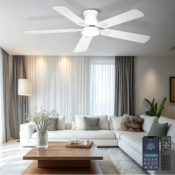 Ohniyou 52'' Low Profile Ceiling Fan with Light, Flush Mount Ceiling Fan for Low Ceilings, Quiet DC Motor, App/Remote Control, Modern Overhead Fan for Bedroom Living Room,White