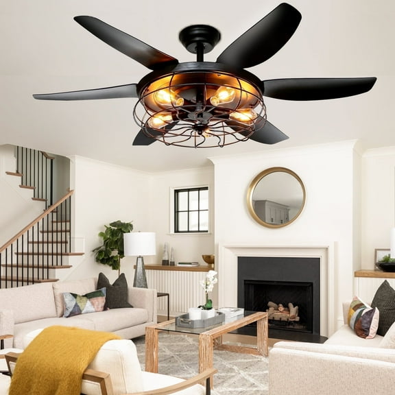 Ohniyou 52" Caged Outdoor Ceiling Fan with Light and Remote Farmhouse Rustic Black Ceiling Fans for Patio Home Kitchen Bedroom