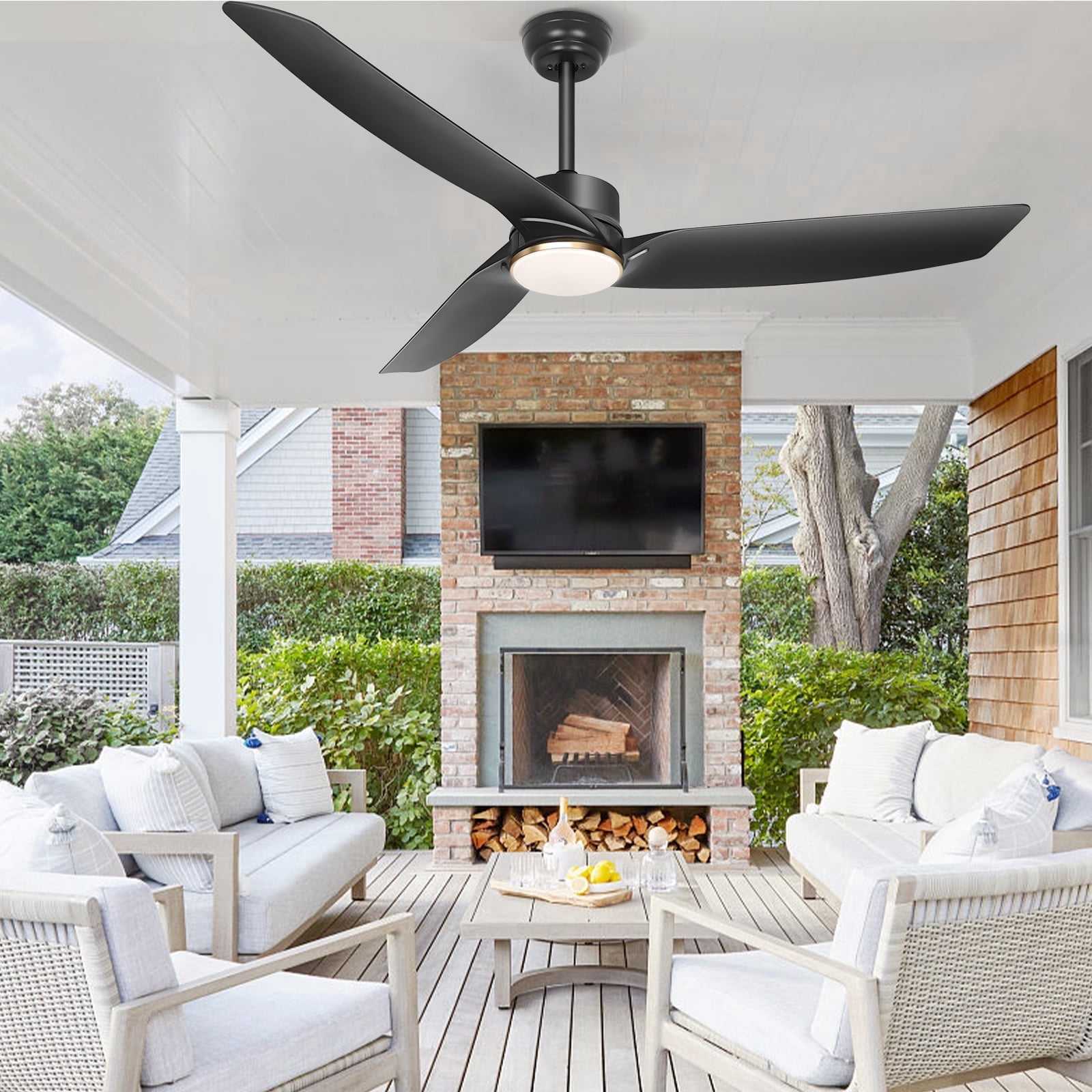 Ohniyou 56" Indoor Outdoor Ceiling Fan with Lights and Remote 3 Blades Dimmable Farmhouse Modern Ceiling Fan for Patio Porch Living Room Bedroom, Black