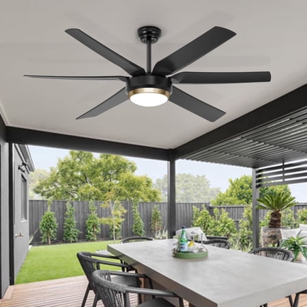 Ohniyou 56" Outdoor Ceiling Fan with Light, Modern Downrod Ceiling Fans with Remote 6 Blade for Patio Living Room Bedroom, Black