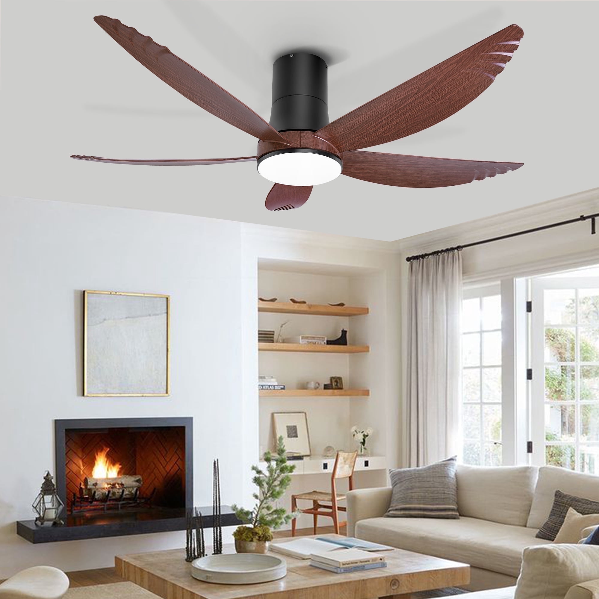 Ohniyou 58 Inch Flush Mount Ceiling Fan with Lights, Low Profile Remote Control,Dimmable, Quiet DC Motor for Bedroom Living Room,Walnut Black