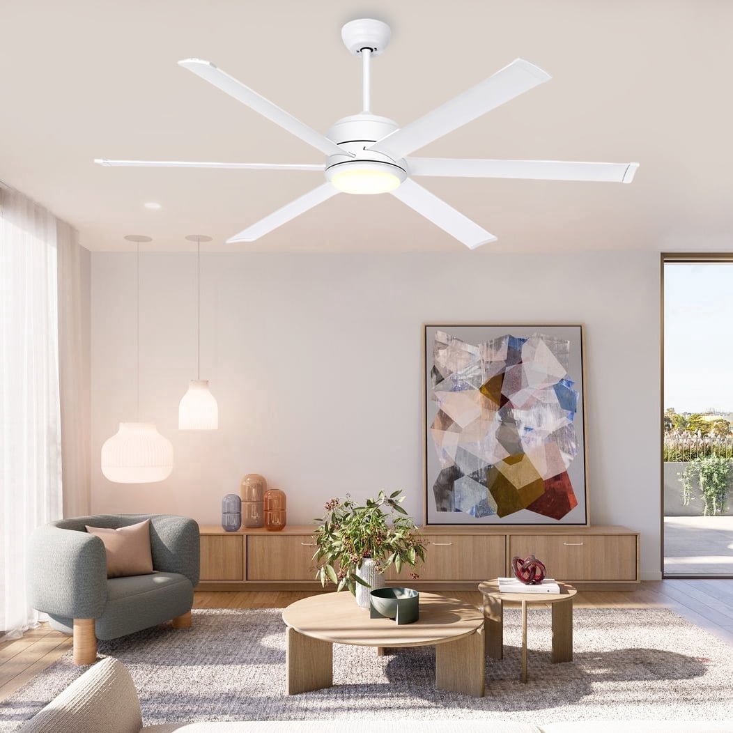 Ohniyou 60" Industrial Ceiling Fan with Lights And Remote, 6 Aluminum Blade Dimmable Farmhouse Indoor Outdoor Ceiling Fan for Patio Living Room, White