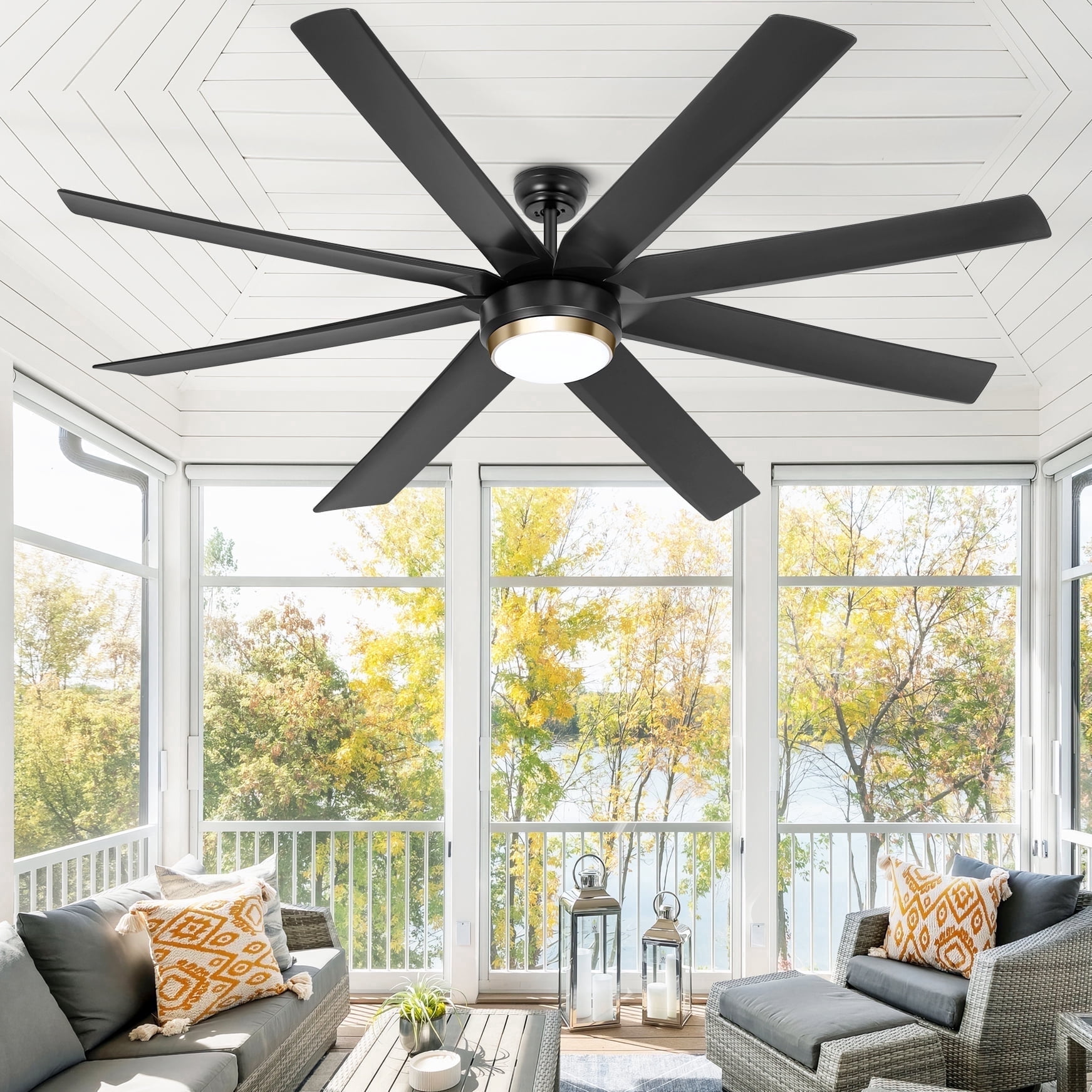 Ohniyou 70" Indoor Outdoor Ceiling Fans with Lights and Remote 8 Blades 6 Speed Dimmable Large Ceiling Fan for Patios Living Room Bedroom, Matt Black