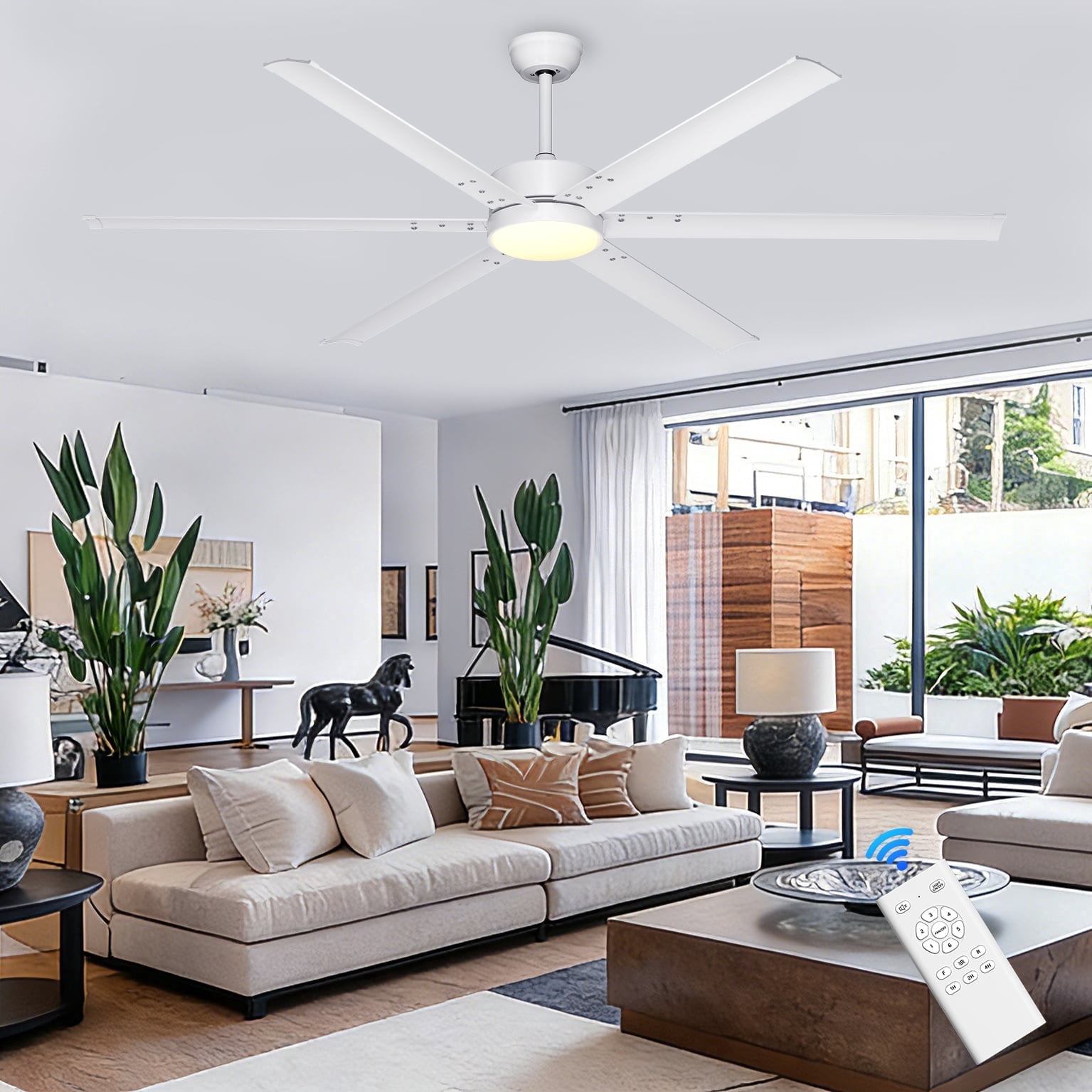 Ohniyou 72" Farmhouse Ceiling Fan with Lights and Remote 6 Metal Blades Large Indoor Outdoor Ceiling Fan for Industrial Patios Living Room Garage, White