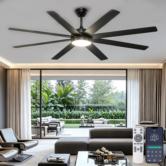 Ohniyou 72'' Large Ceiling Fans with Lights, Modern Black Ceiling Fan Remote/APP Control, Dimmable, Quiet DC Motor Big Ceiling Fan for Indoor/Covered Outdoor