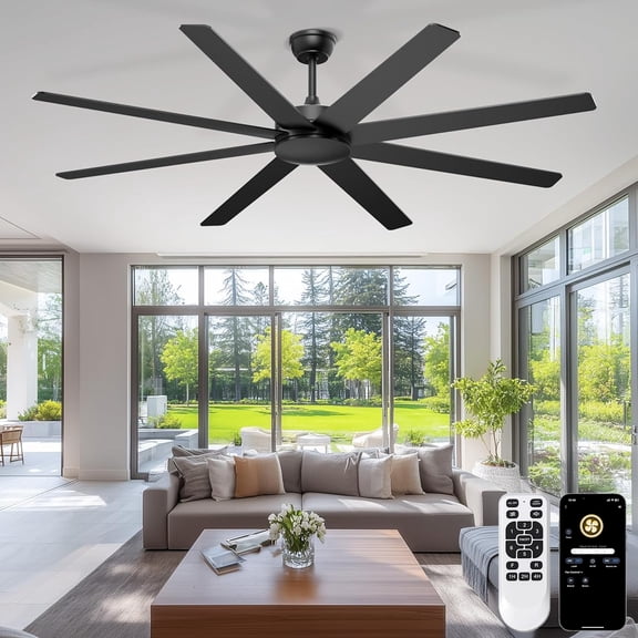 Ohniyou 72'' Large Ceiling Fans No Lights, Modern Black Ceiling Fan Remote/APP Control, Quiet DC Motor Big Ceiling Fan for Shop Garage Covered Outdoor Patios