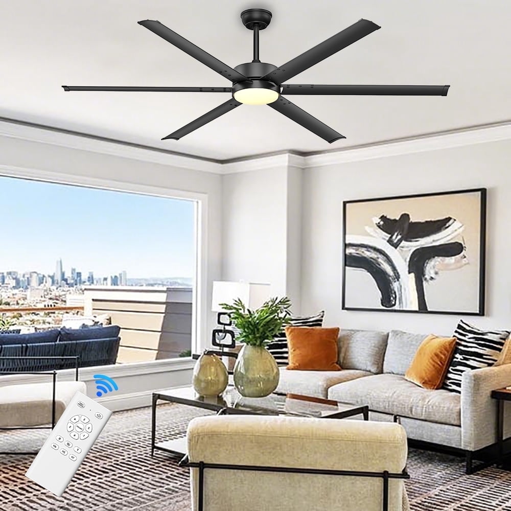 Ohniyou 72" Industrial Ceiling Fan with Lights and Remote 6 Aluminum Blades Indoor Outdoor Ceiling Fans with Extension Rod for Living Room Patios Garage, Black