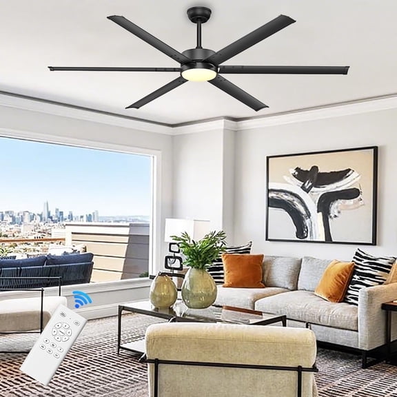 Ohniyou 72" Industrial Ceiling Fan with Lights and Remote 6 Aluminum Blades Indoor Outdoor Ceiling Fans with Extension Rod for Living Room Patios Garage, Black