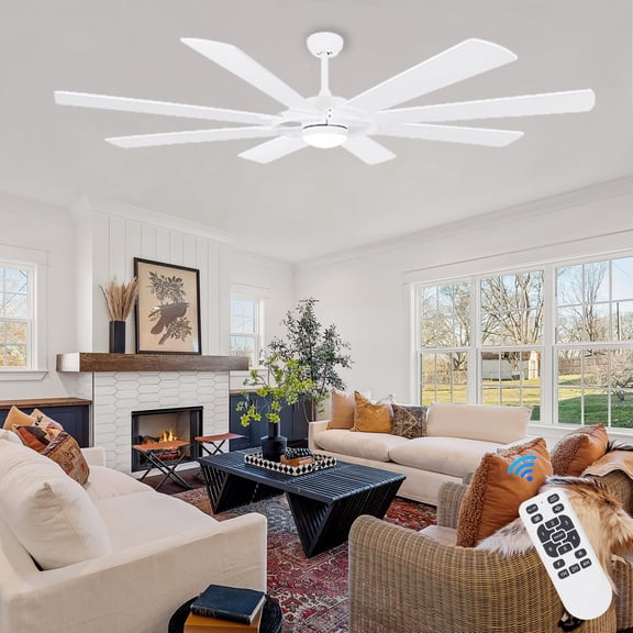 Ohniyou 76" Large Ceiling Fans with Lights and Remote 8 Blades Dimmable Indoor Outdoor Ceiling Fan for Covered Patio Porch Living Room, White