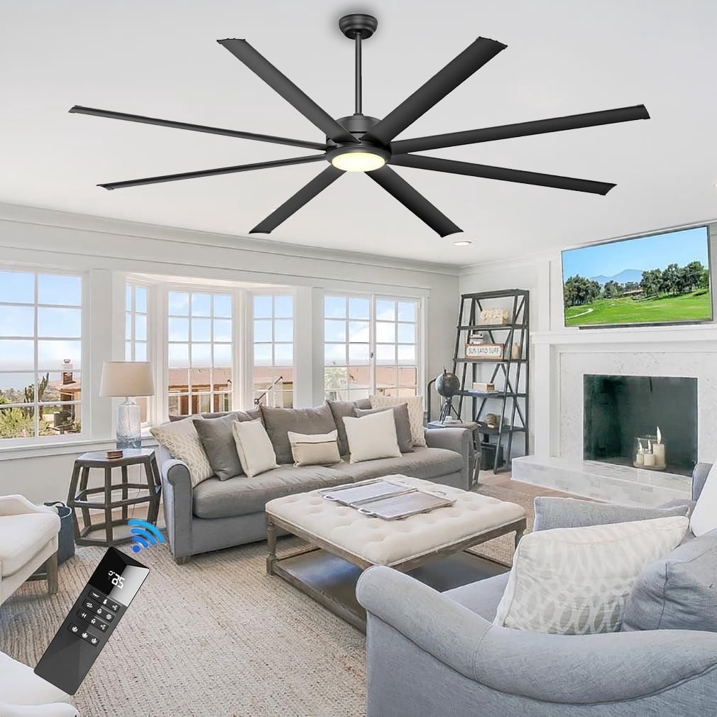 Ohniyou 84" Industrial Ceiling Fan with Lights and Remote 8 Aluminum Blades Large Dimmable Indoor Outdoor Ceiling Fan for Patio Living Room Shop Garage, Black