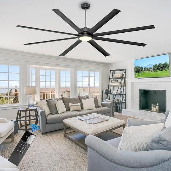 Ohniyou 84" Large Ceiling Fan with Lights and Remote 8 Blades Dimmable Industrial Indoor Outdoor Ceiling Fan for Patio Living Room Garage, Black