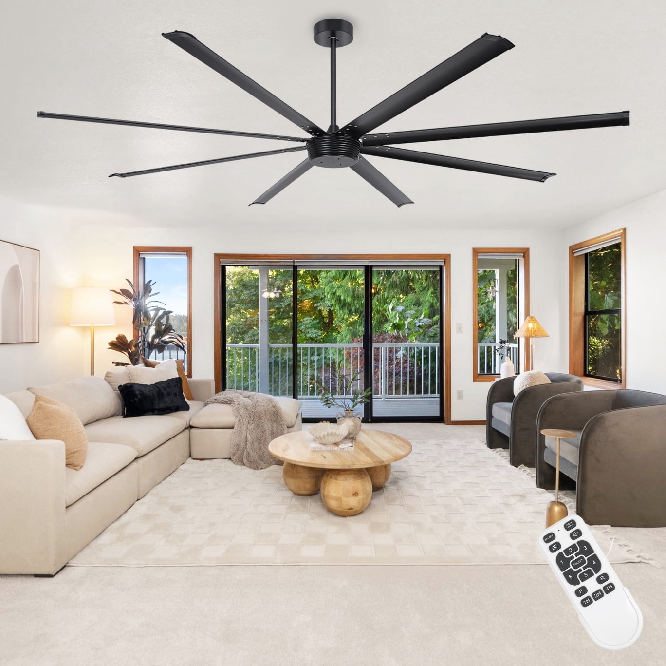 Ohniyou 96" Industrial Ceiling Fan No Light, Remote/APP Controlled, DC Motor High CFM Large Metal Fan with 8 Aluminum Blades for Shop Warehouse Gym, Black