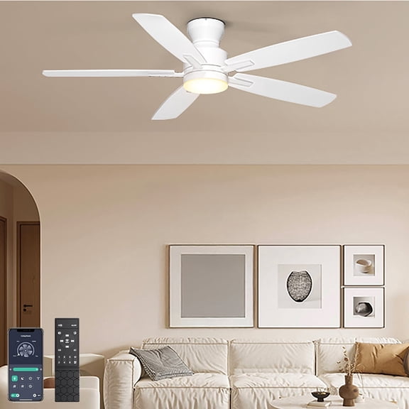 Ohniyou Ceiling Fans with Lights, 52'' Low Profile Ceiling Fan with Light and Remote/APP Control, Modern Flush Mount Ceiling Fan for Indoor Bedroom Living Room, Dimmable, Qiuet DC Motor, White