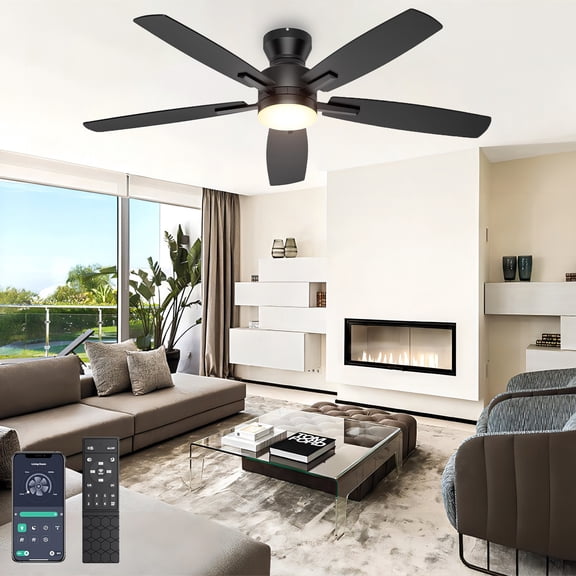 Ohniyou Ceiling Fans with Lights, 52'' Low Profile Ceiling Fan with Light and Remote/APP Control, Modern Flush Mount Ceiling Fan for Indoor Bedroom Living Room, Dimmable, Qiuet DC Motor, Black