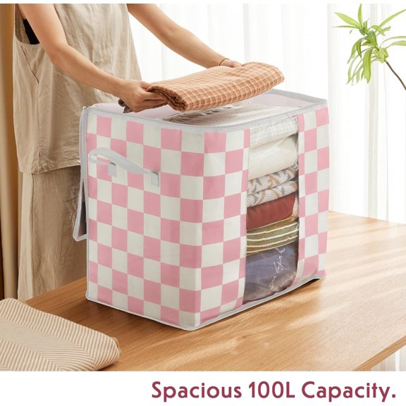 Ohocut Pink Checkered Clothes Storage Bins, 100L Large Blanket Storage Bags 3 Pack, Closet Organizers and Storage Containers for Comforters, Bedding, Foldable Organizer with Handle
