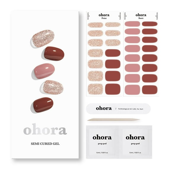 Ohora Semi Cured Gel Nail Strips (N HEI-Mish) - Works with Any Nail Lamps, Salon-Quality, Long Lasting, Easy to Apply & Remove - Includes 2 Prep Pads, Nail File & Wooden Stick - Glitter