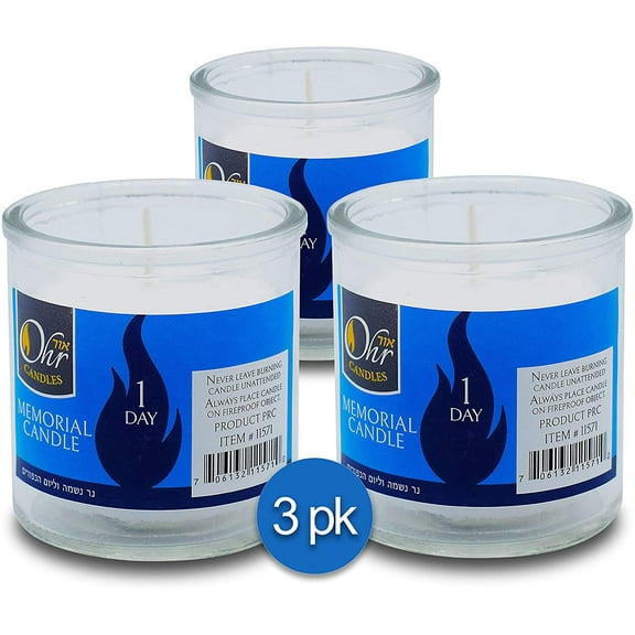 Ohr Candles, 24 Hours Yartzeit, Memorial, Prayer Candles in Glass - White (3 Pack)