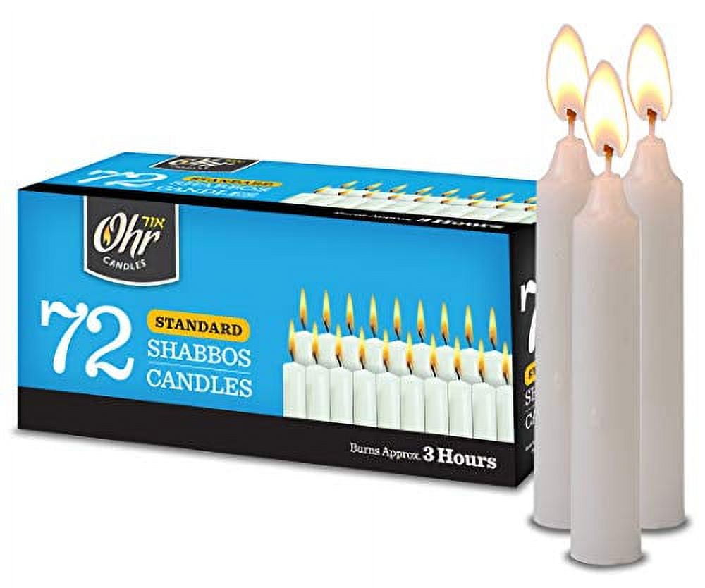 Ohr Candles, 3 Hour Shabbat, Emergency, and Prayer Unscented Taper Candles - White (72 Pack)
