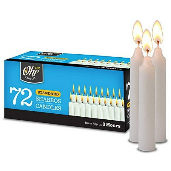 Ohr Candles, 3 Hour Shabbat, Emergency, and Prayer Unscented Taper Candles - White (72 Pack)