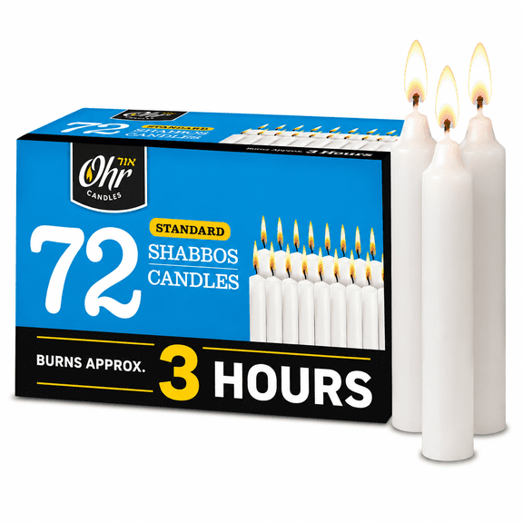 Ohr 3 Hour Shabbat Candles, 72 Count White Taper Candles, Dripless Emergency Candles, Unscented Prayer & Religious Candles, Long Burning Household Candle Supply