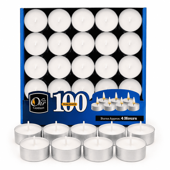 Ohr Candles 4 Hour Unscented White Tealight Candles, 100 Pack, Long Burning Shabbos Tea Lights for Jewish Holidays, Home Decor, Memorials & Emergency Use