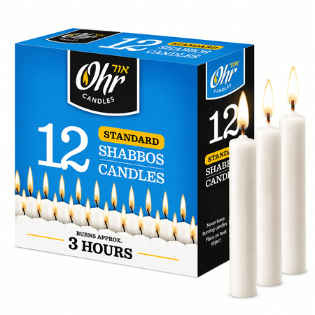 Ohr 3 Hour Shabbat Candles, 12 Count White Taper Candles, Dripless Emergency Candles, Unscented Prayer & Religious Candles, Long Burning Household Candle Supply
