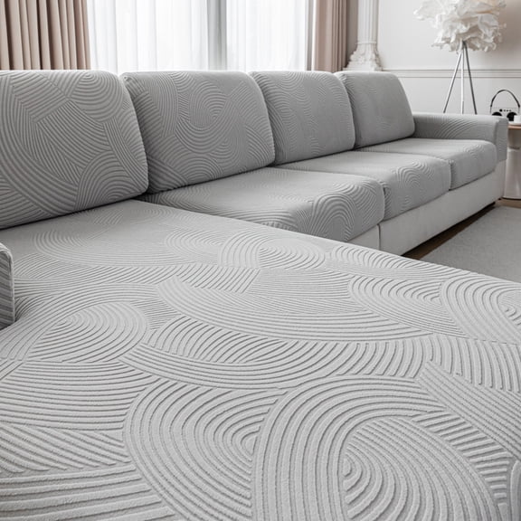 Ohsio Sectional Couch Covers, Wear Resistant Stretch Sofa Covers Washable Couch Cushion Covers Anti Slip Furniture Protector Slipcovers for Pets (1 Piece Armrest Cover, Light Gray, Rainbow Stripe)