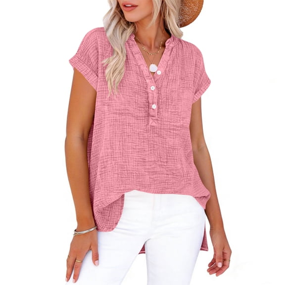 Ohufal Plus Size Summer Tops for Women Roll Short Sleeve Cotton Linen Tunic Shirts Casual V Neck Button Shirt Solid Color Loose Blouses
