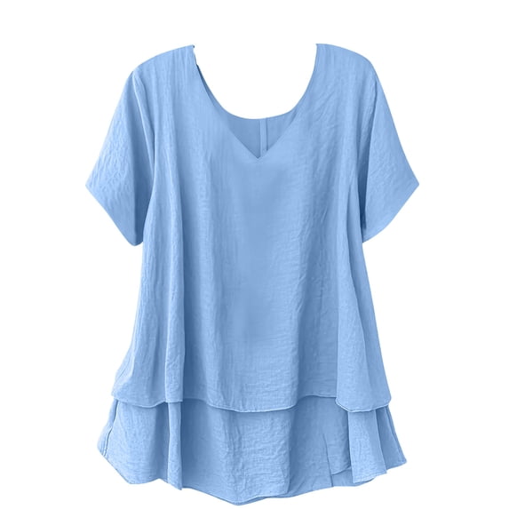 Ohufal V Neck Tops for Women Linen Summer Short Sleeve Blouses Loose Solid Color Casual T Shirts