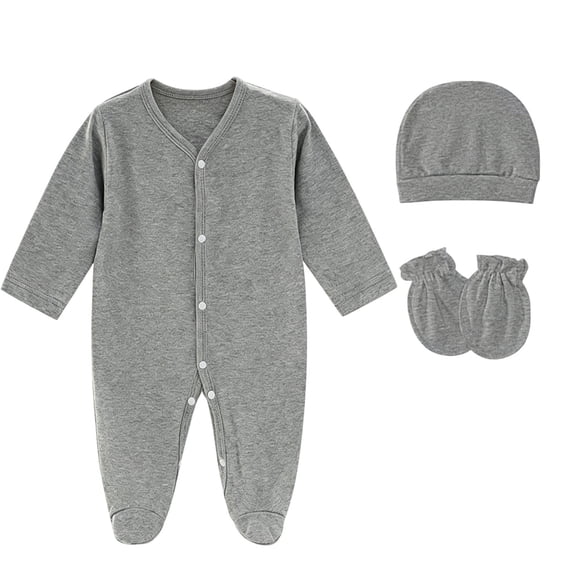 Ohufall 0-1Y 3Pcs Footed Baby Romper Set Cotton For Infant Boys Girls, V Neck Full Snap Long Sleeve With Hat & Scratch Mitten