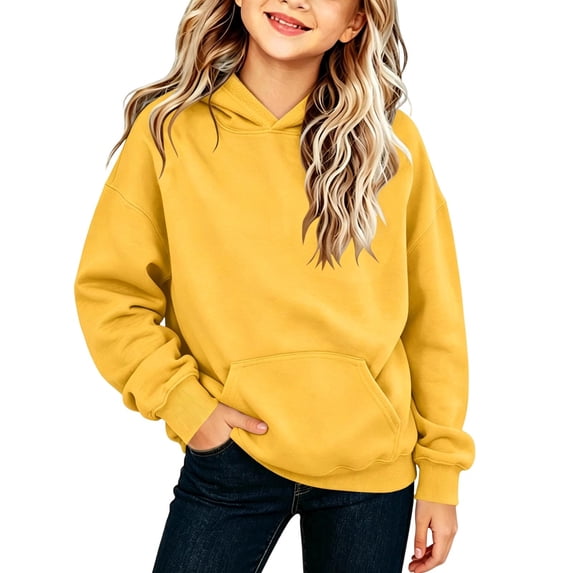 Ohufall 2-13T Girls Boys Cotton Sweatshirt Hooded Loose Long Sleeve Sweatshirts Pocket Pullover Soft Solid Color Top