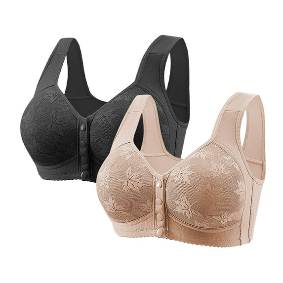 Ohufall 2-Packs Bras for Women Bra for Seniors Front Closure Bras Wire-Free Front Button Closure Comfortable Bra Push Up Everyday Bra for Women, 36B/C-46B/C