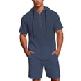 thumbnail image 1 of Ohufall 2 Piece Linen Sets for Men Button Down Hooded Shirts Outfits Casual Holiday Shorts Daily Set, 1 of 8