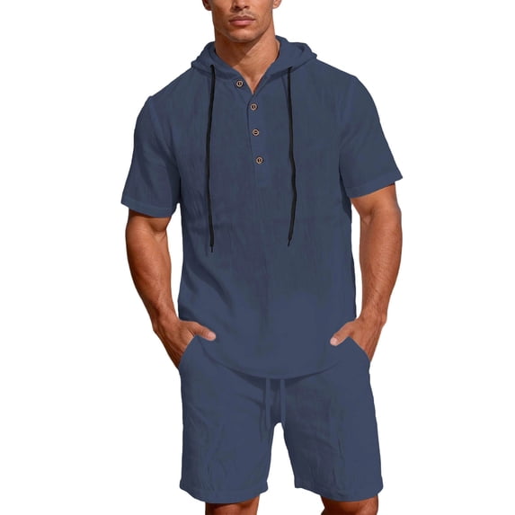 Ohufall 2 Piece Linen Sets for Men Button Down Hooded Shirts Outfits Casual Holiday Shorts Daily Set