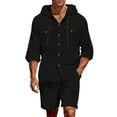 thumbnail image 1 of Ohufall 2 Piece Linen Sets for Men Button Down Hooded Shirts Outfits Casual Holiday Shorts Daily Set, 1 of 8