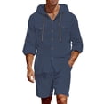 thumbnail image 1 of Ohufall 2 Piece Linen Sets for Men Button Down Hooded Shirts Outfits Casual Holiday Shorts Daily Set, 1 of 8
