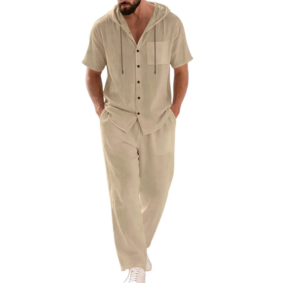 Ohufall 2 Piece Outfits for Men Linen Elastic Waist Drawstring Trousers and Spring Summer Button Hooded Casual Top Beach Set with Pocket