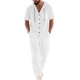 thumbnail image 1 of Ohufall 2 Piece Outfits for Men Linen Elastic Waist Drawstring Trousers and Spring Summer Button Hooded Casual Top Beach Set with Pocket, 1 of 7