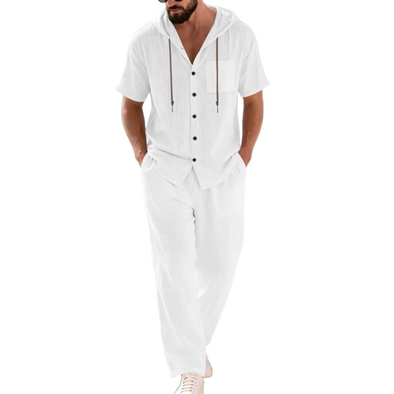 Ohufall 2 Piece Outfits for Men Linen Elastic Waist Drawstring Trousers and Spring Summer Button Hooded Casual Top Beach Set with Pocket