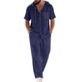 thumbnail image 1 of Ohufall 2 Piece Outfits for Men Linen Elastic Waist Drawstring Trousers and Spring Summer Button Hooded Casual Top Beach Set with Pocket, 1 of 8