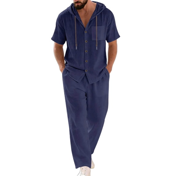 Ohufall 2 Piece Outfits for Men Linen Elastic Waist Drawstring Trousers and Spring Summer Button Hooded Casual Top Beach Set with Pocket