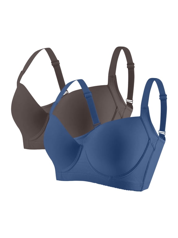 2PC Pack Bra Women Plus Size C Cup Smooth Seamless Push Up Everyday Bras Deep V Neck Anti-Sag Underwire Bra,36C-46C
