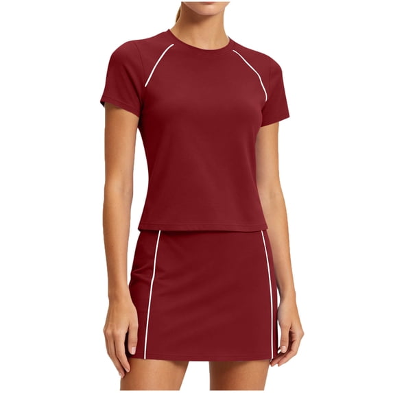 Ohufall 2PC Womens Short Skirt Sets Sport Short Sleeve Crew Neck Solid Color Elastic Waist Top with Short Skirt Sets