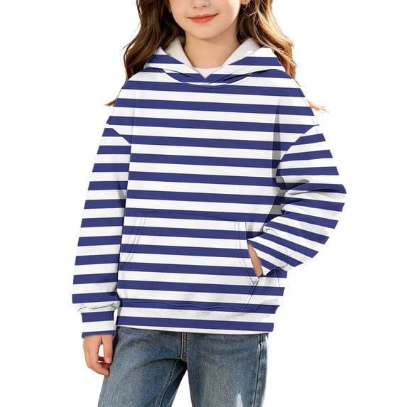 Ohufall 3-14 Years Girls Boys Stripe Sweatshirt Hooded Kangaroo Pocket Pullover Top Long Sleeve Contrast Color Casual Sweatshirts